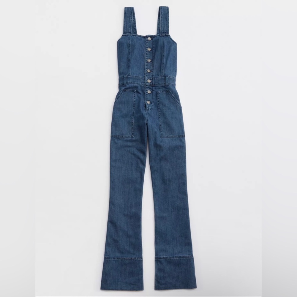 aerie Blue Denim Button-Front Wide-Leg Jumpsuit